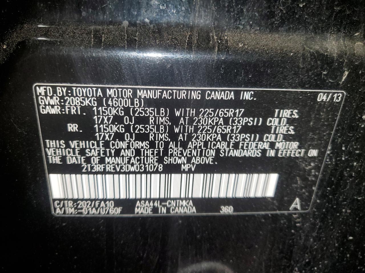 2013 Toyota Rav4 Xle VIN: 2T3RFREV3DW031078 Lot: 93139145