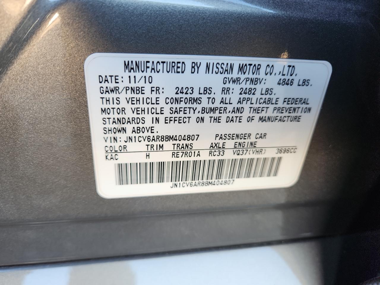 2011 Infiniti G37 VIN: JN1CV6AR8BM404807 Lot: 91572755