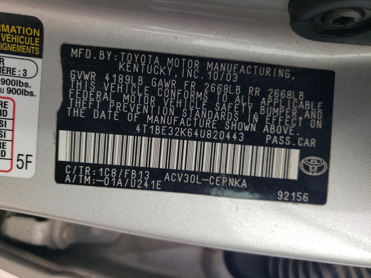 2004 Toyota Camry Le VIN: 4T1BE32K64U820443 Lot: 93258385