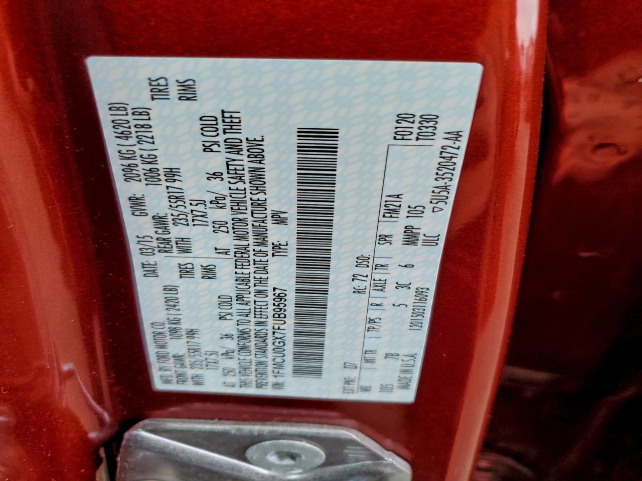 2015 Ford Escape Se VIN: 1FMCU0GX7FUB95967 Lot: 94315735