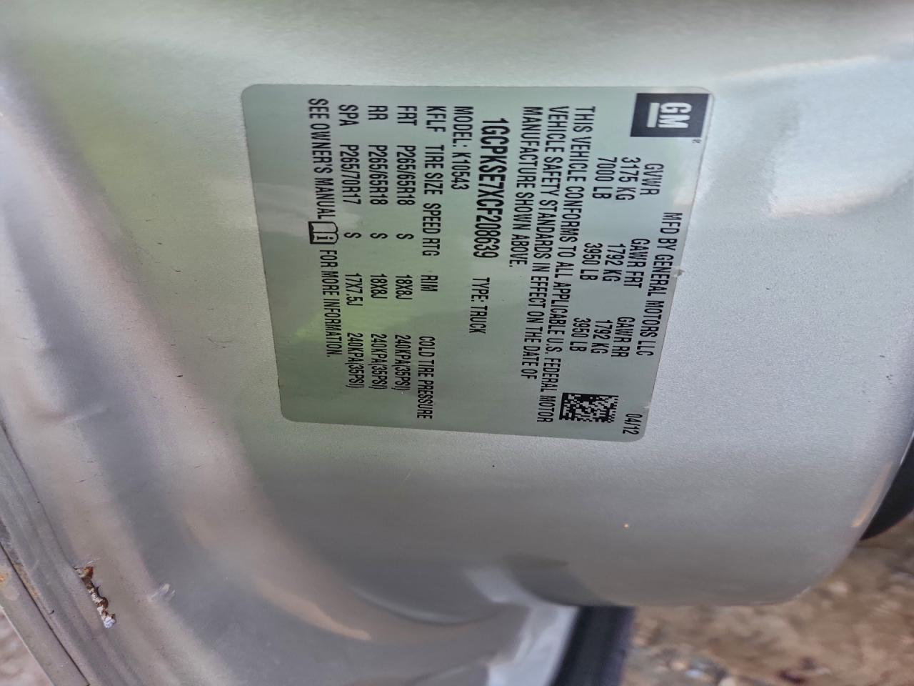 2012 Chevrolet Silverado K1500 Lt VIN: 1GCPKSE7XCF208639 Lot: 94235005