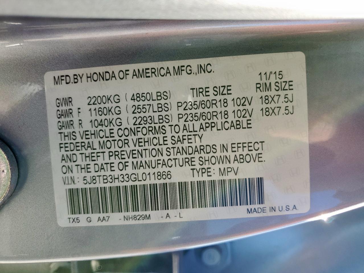 2016 Acura Rdx VIN: 5J8TB3H33GL011866 Lot: 92014305