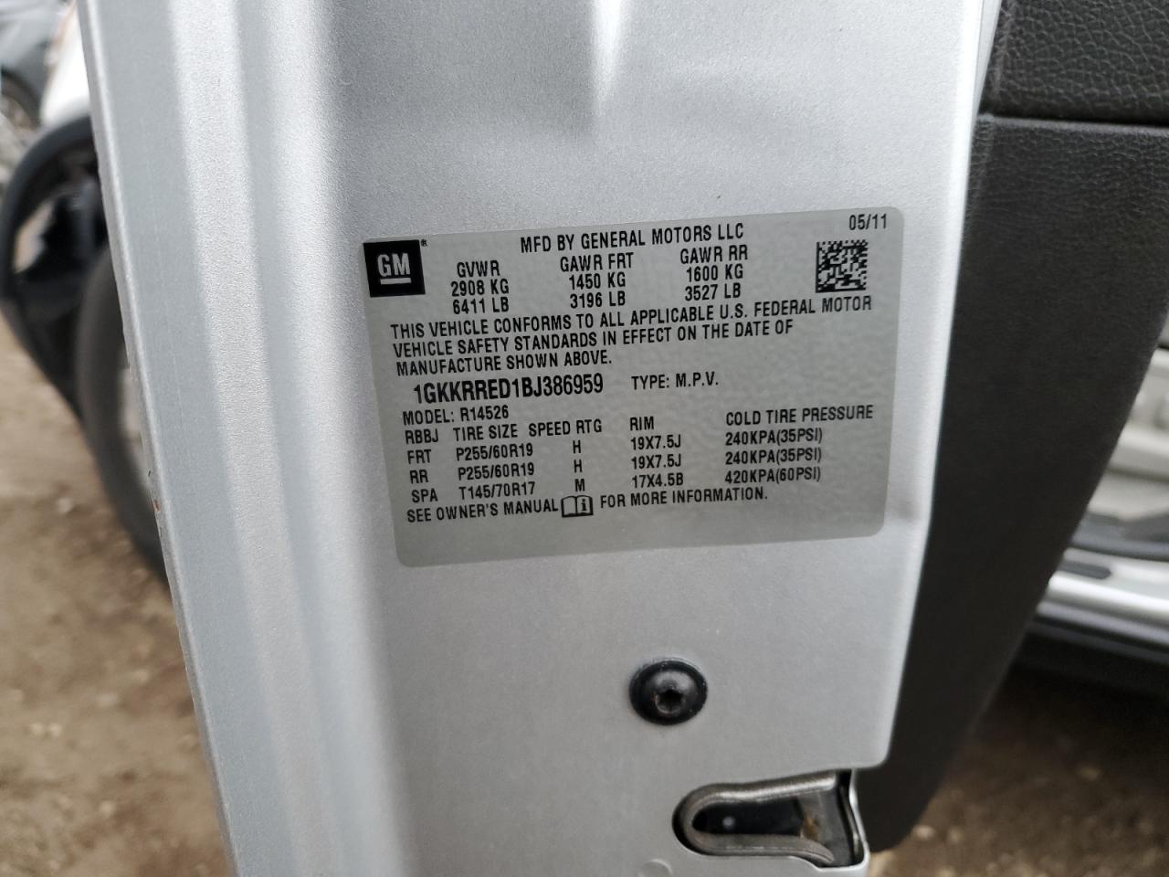 2011 GMC Acadia Slt-1 VIN: 1GKKRRED1BJ386959 Lot: 93407885