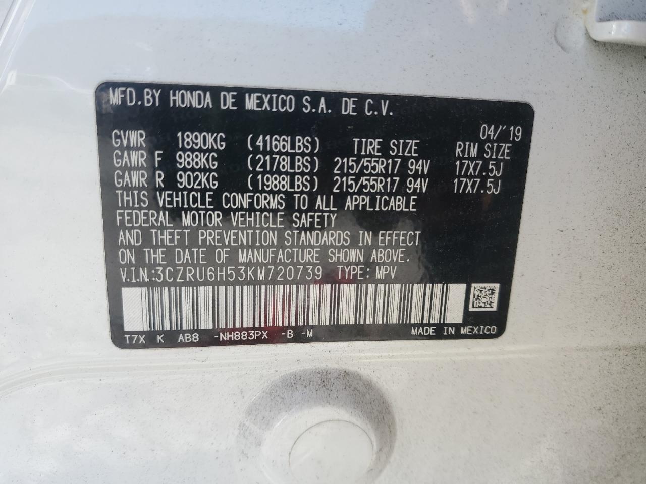 2019 Honda Hr-V Ex VIN: 3CZRU6H53KM720739 Lot: 90549335