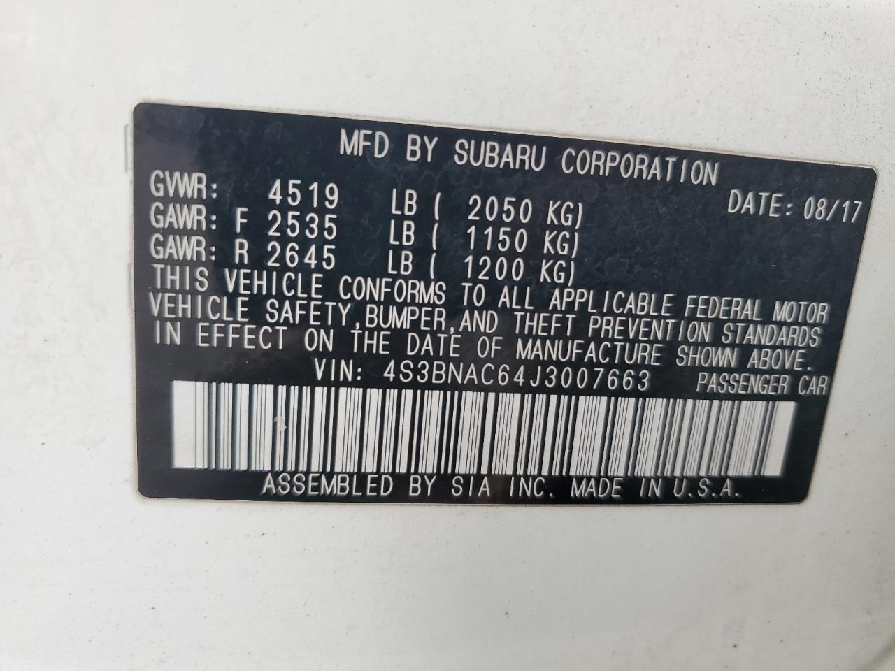 2018 Subaru Legacy 2.5I Premium VIN: 4S3BNAC64J3007663 Lot: 93033865