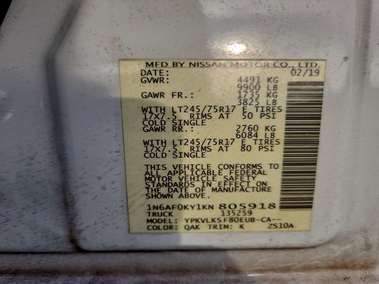 2019 Nissan Nv 2500 S VIN: 1N6AF0KY1KN805918 Lot: 94186355