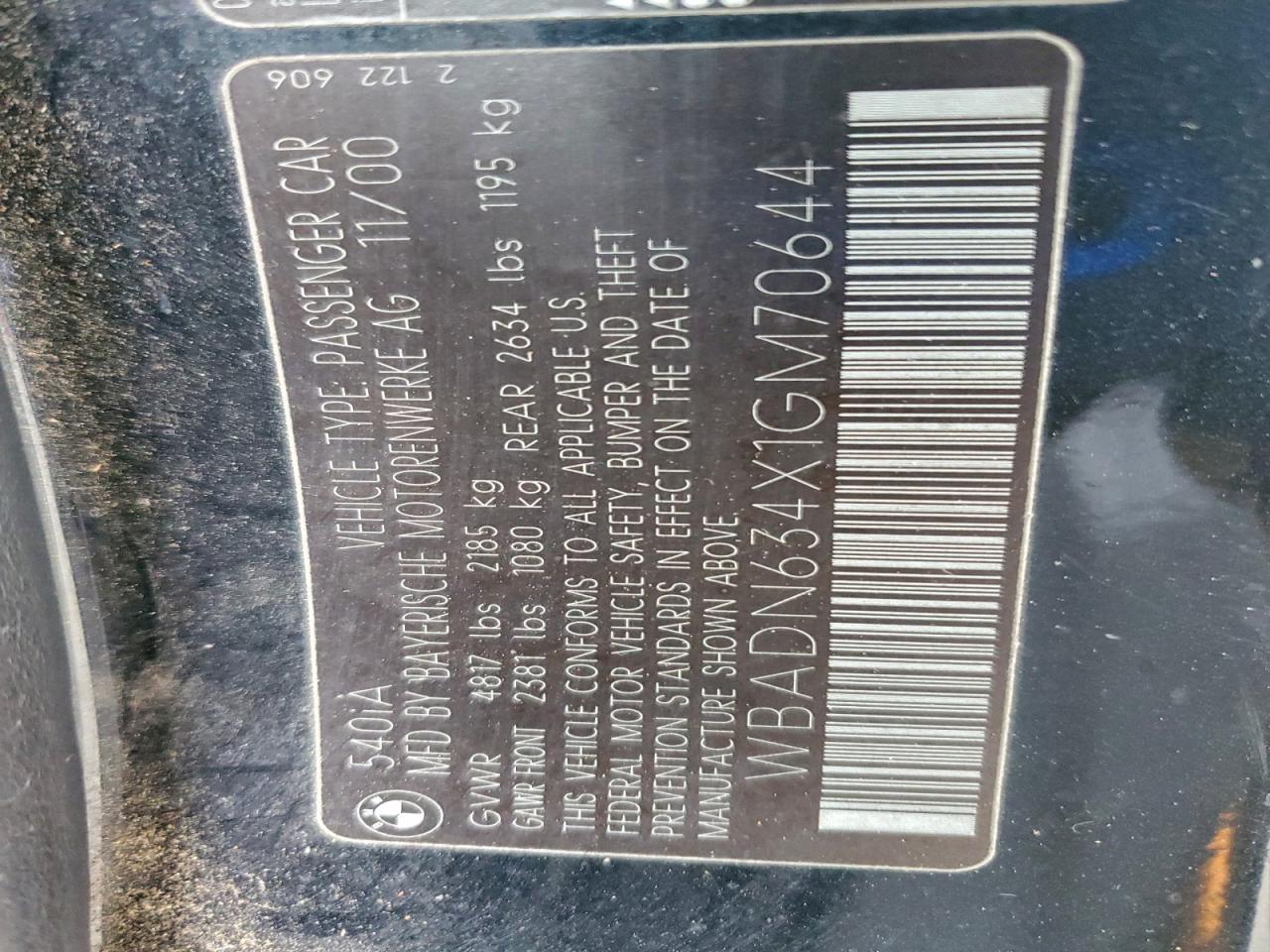 2001 BMW 540 I Automatic VIN: WBADN634X1GM70644 Lot: 94279125