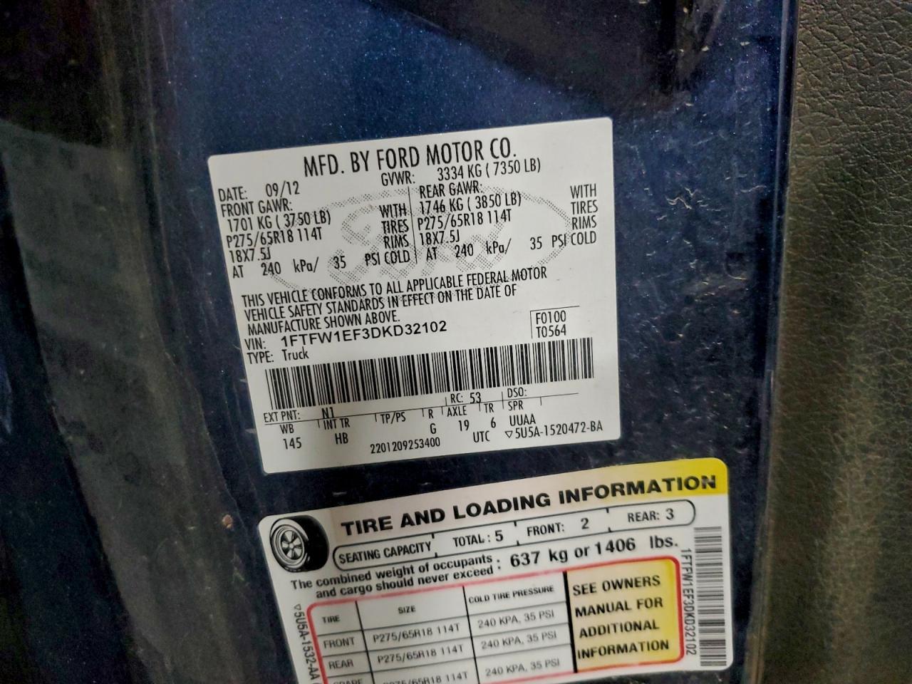 2013 Ford F150 Supercrew VIN: 1FTFW1EF3DKD32102 Lot: 94177415