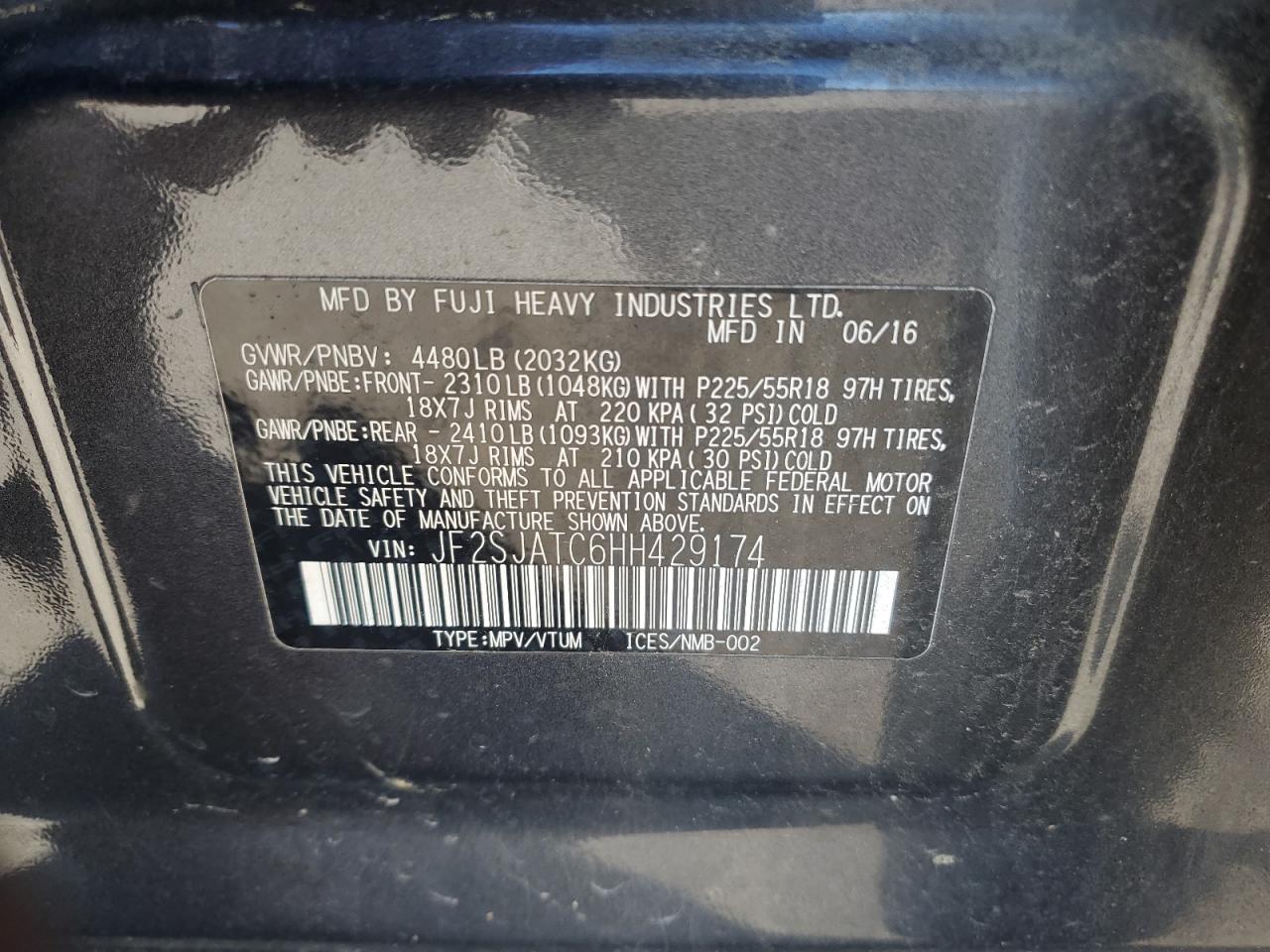 2017 Subaru Forester 2.5I Touring VIN: JF2SJATC6HH429174 Lot: 91901155