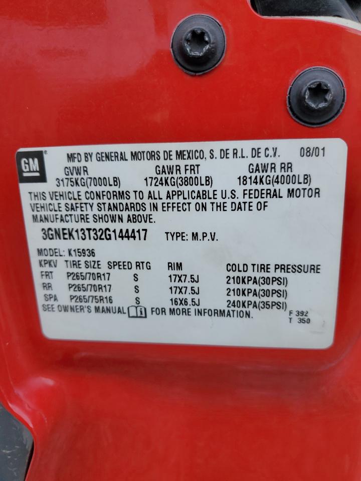 2002 Chevrolet Avalanche K1500 VIN: 3GNEK13T32G144417 Lot: 91687435