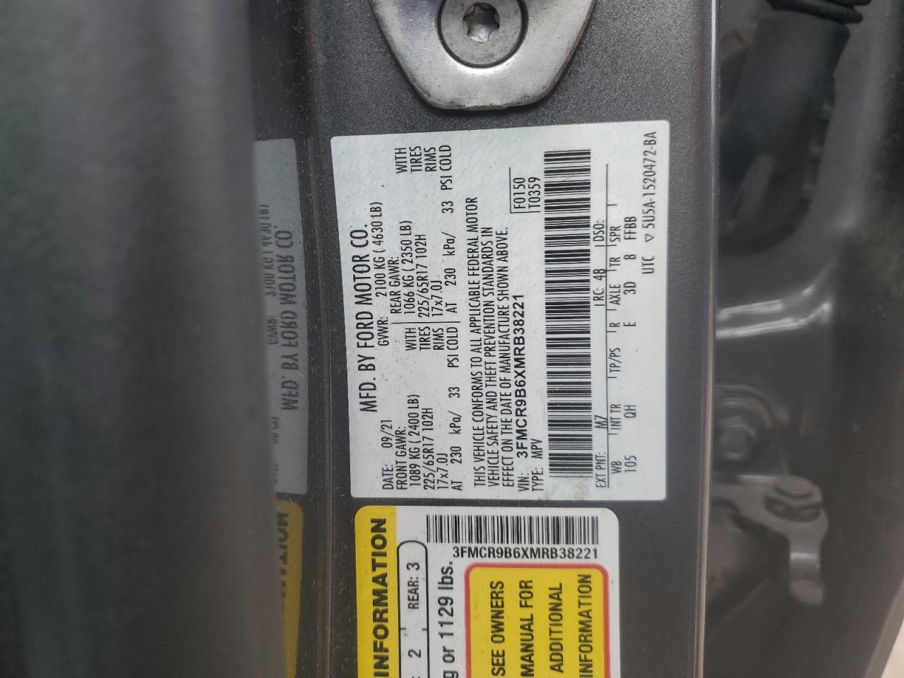 2021 Ford Bronco Sport Big Bend VIN: 3FMCR9B6XMRB38221 Lot: 92175755