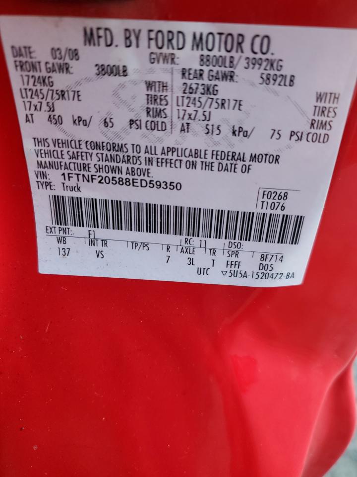 2008 Ford F250 Super Duty VIN: 1FTNF20588ED59350 Lot: 93587155