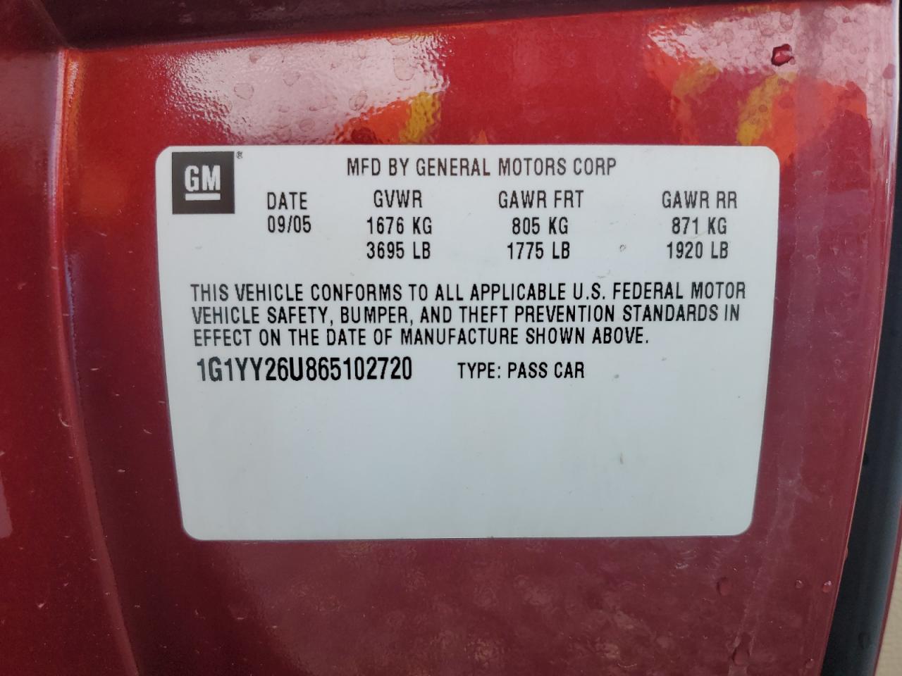 2006 Chevrolet Corvette VIN: 1G1YY26U865102720 Lot: 92707845