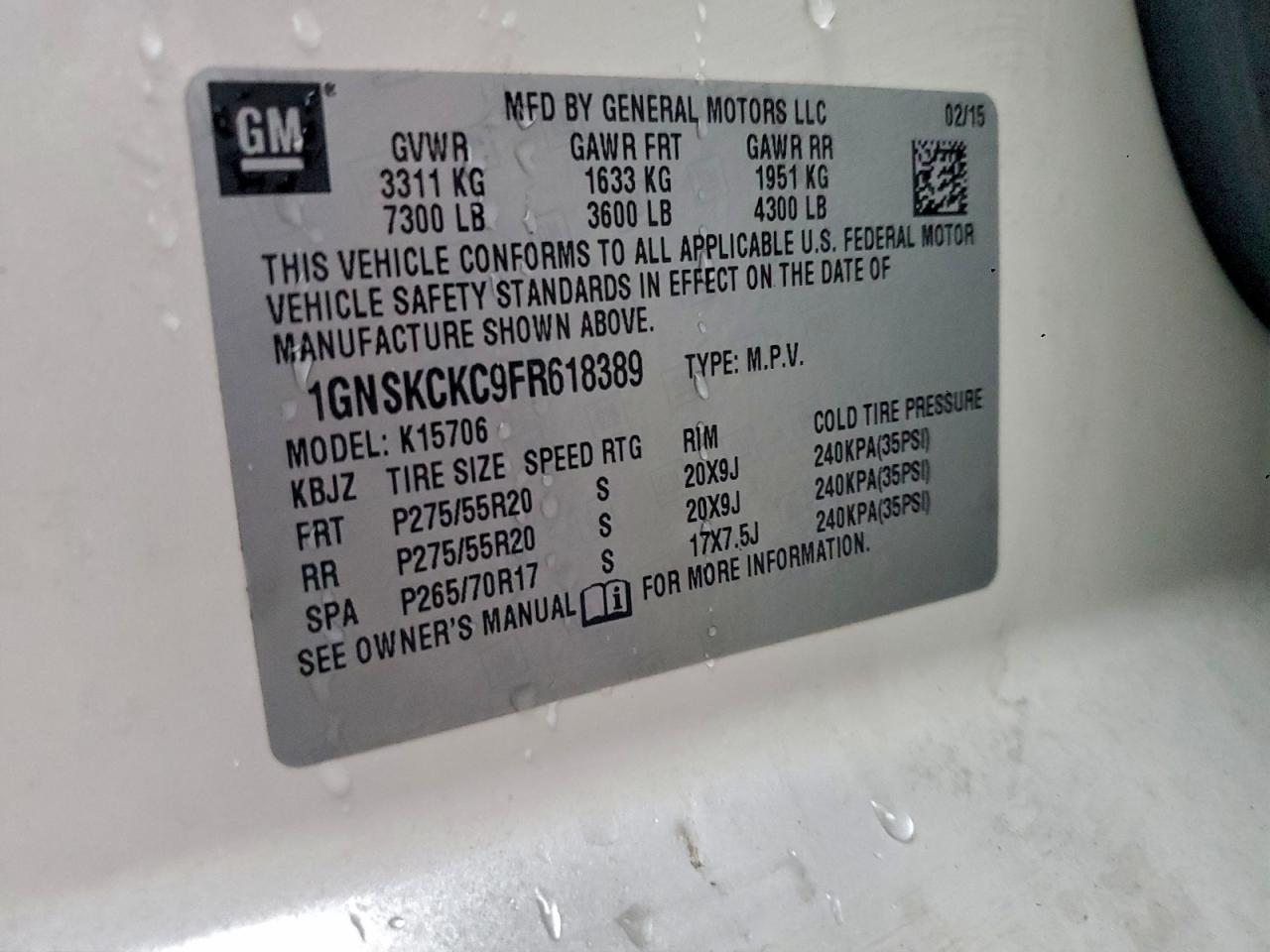 2015 Chevrolet Tahoe K1500 Ltz VIN: 1GNSKCKC9FR618389 Lot: 93422605