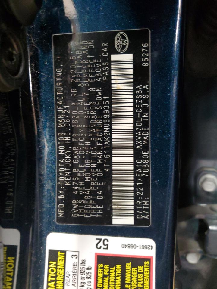 2021 Toyota Camry Se VIN: 4T1G11AK2MU599351 Lot: 91893735