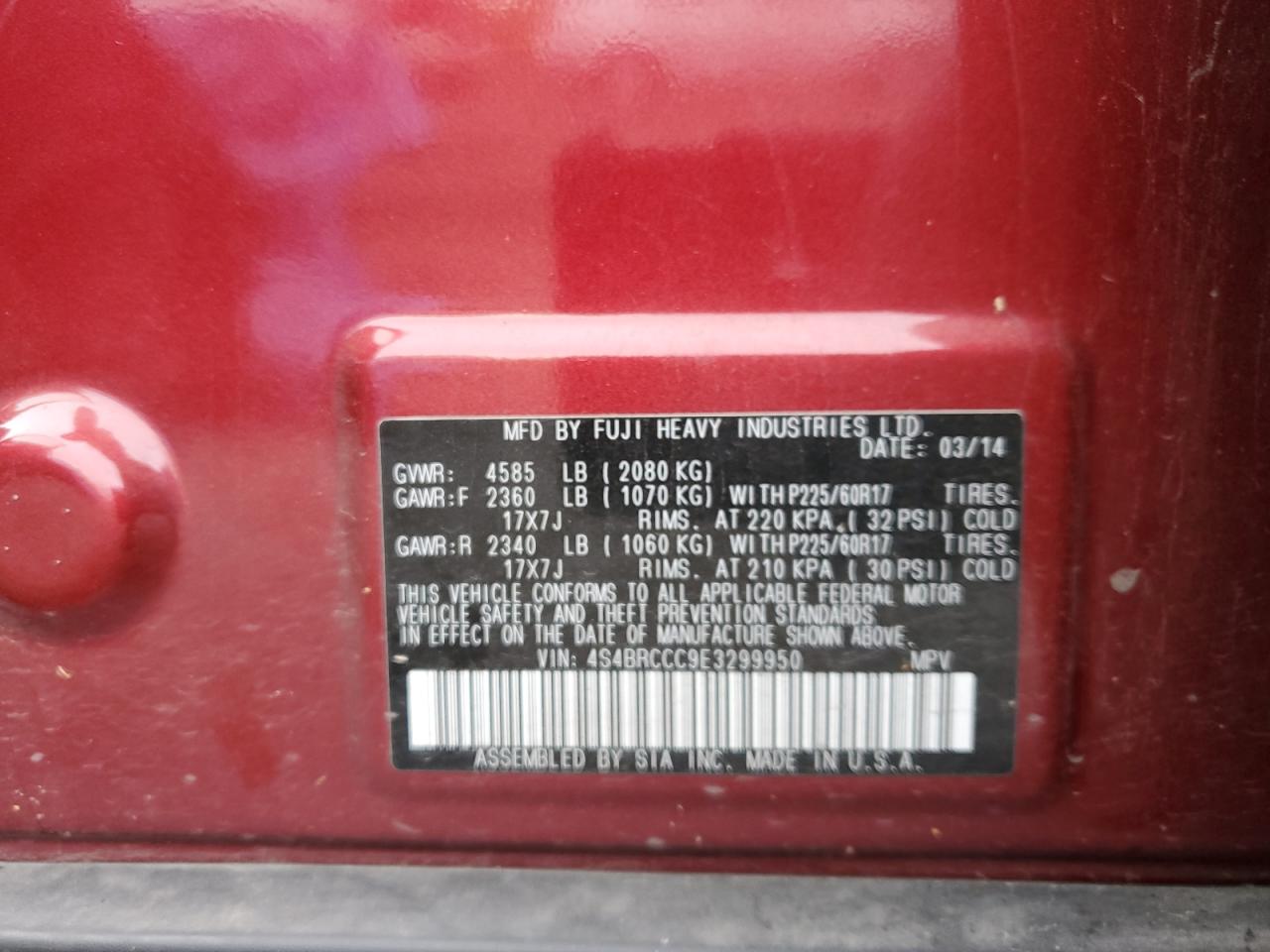 2014 Subaru Outback 2.5I Premium VIN: 4S4BRCCC9E3299950 Lot: 92883325