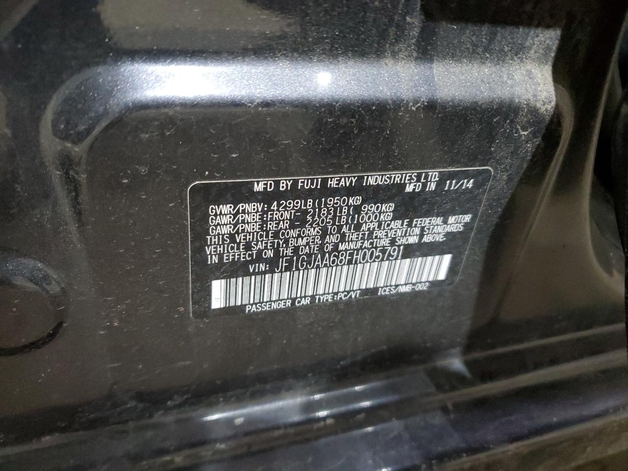 2015 Subaru Impreza VIN: JF1GJAA68FH005791 Lot: 92625045