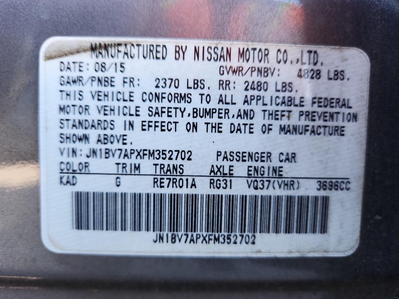 2015 Infiniti Q50 Base VIN: JN1BV7APXFM352702 Lot: 92854055