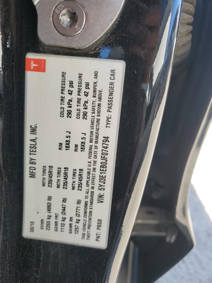 2018 Tesla Model 3 VIN: 5YJ3E1EB0JF074794 Lot: 92131625