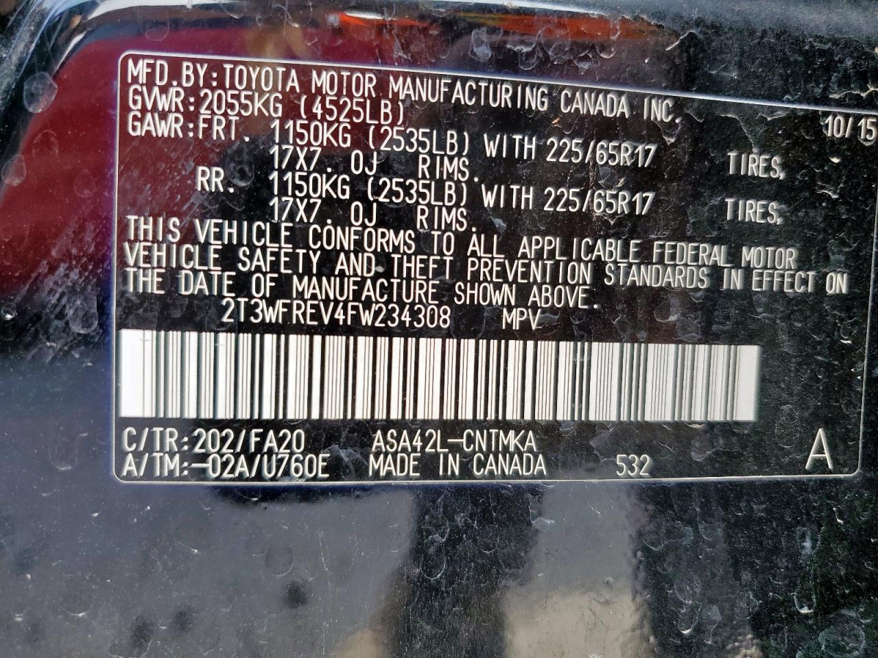 2015 Toyota Rav4 Xle VIN: 2T3WFREV4FW234308 Lot: 93301345