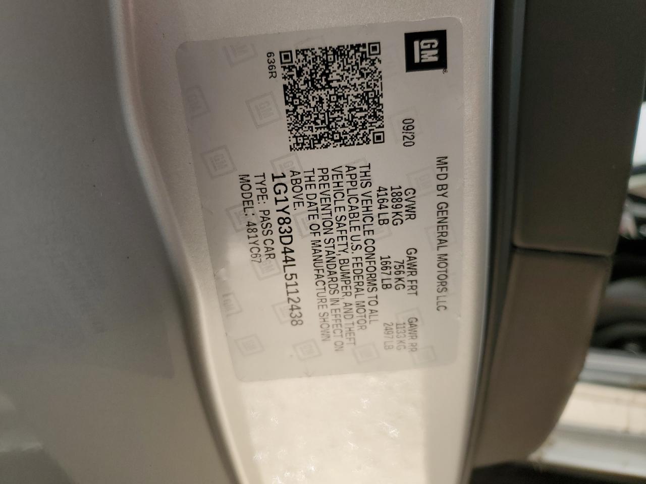 2020 Chevrolet Corvette Stingray 3Lt VIN: 1G1Y83D44L5112438 Lot: 90283195