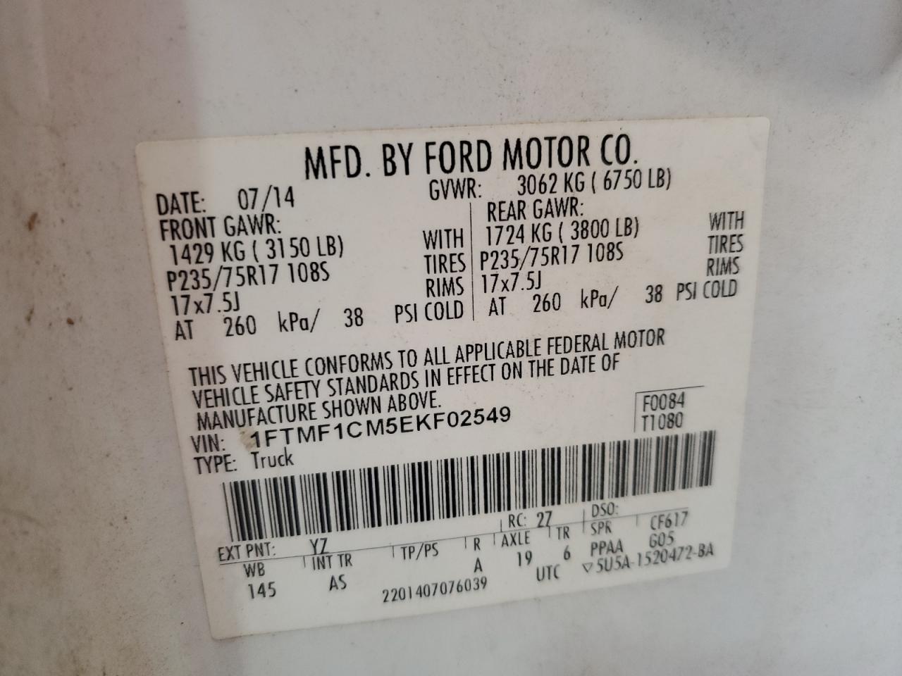 2014 Ford F150 VIN: 1FTMF1CM5EKF02549 Lot: 92324265