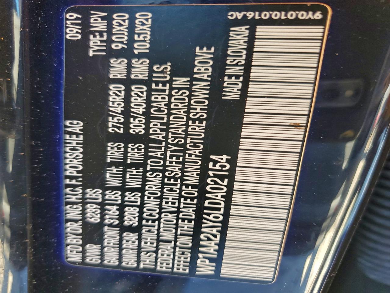 2020 Porsche Cayenne VIN: WP1AA2AY6LDA02154 Lot: 91577885