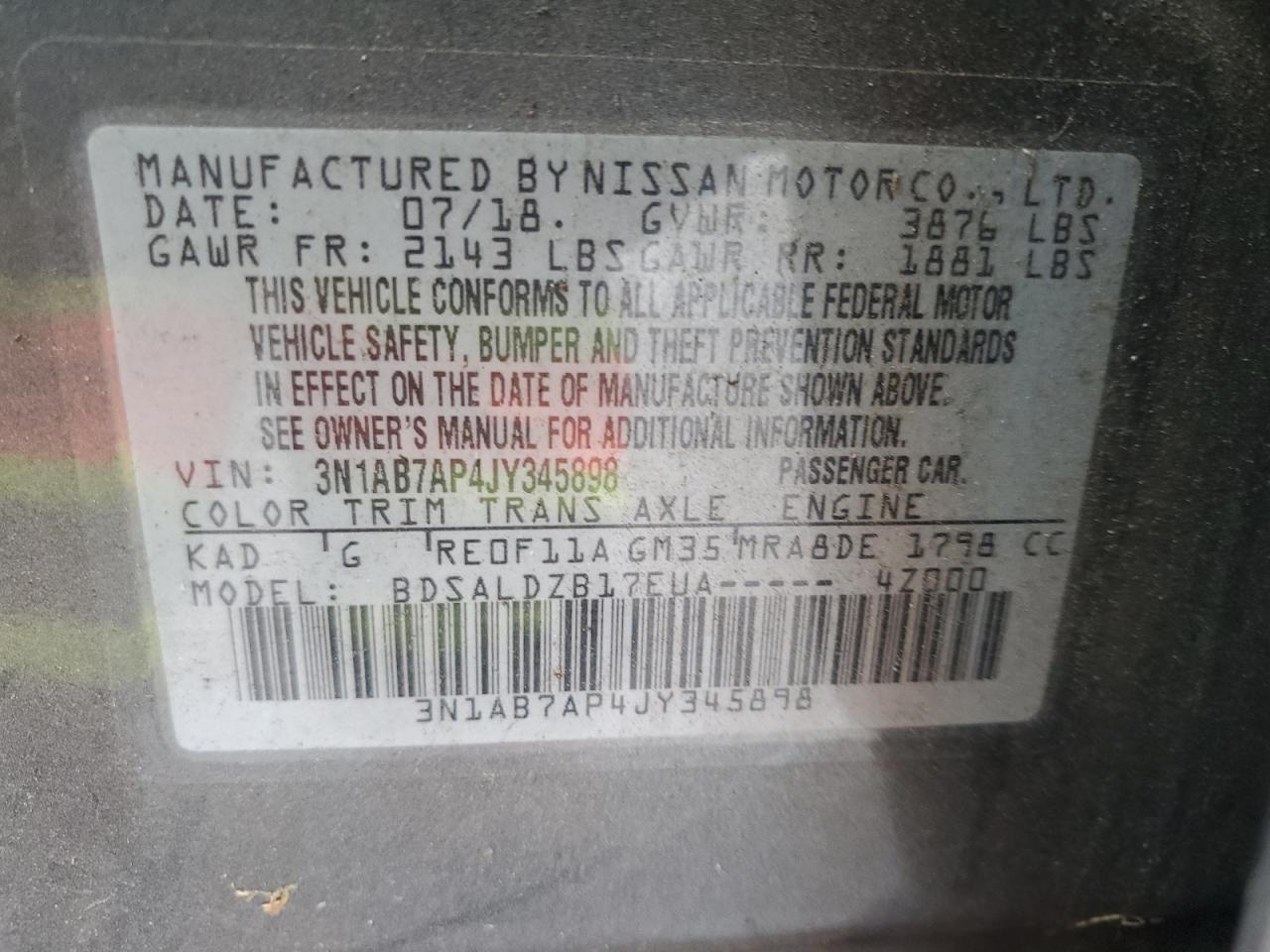 2018 Nissan Sentra S VIN: 3N1AB7AP4JY345898 Lot: 92015685