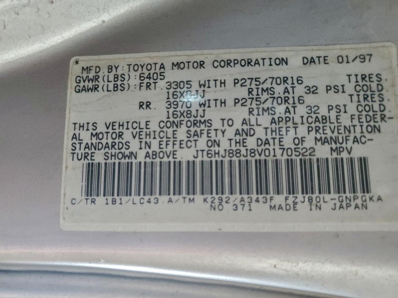 1997 Lexus Lx 450 VIN: JT6HJ88J8V0170522 Lot: 93913565