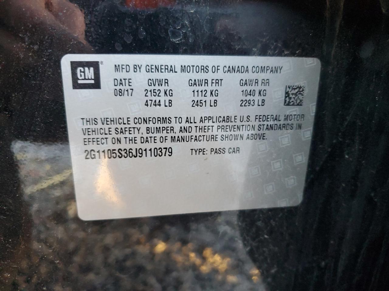 2018 Chevrolet Impala Lt VIN: 2G1105S36J9110379 Lot: 93242795