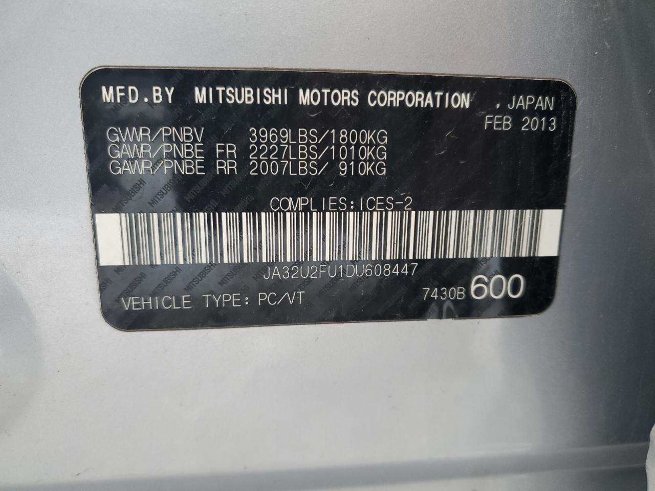 2013 Mitsubishi Lancer Es/Es Sport VIN: JA32U2FU1DU608447 Lot: 91281985