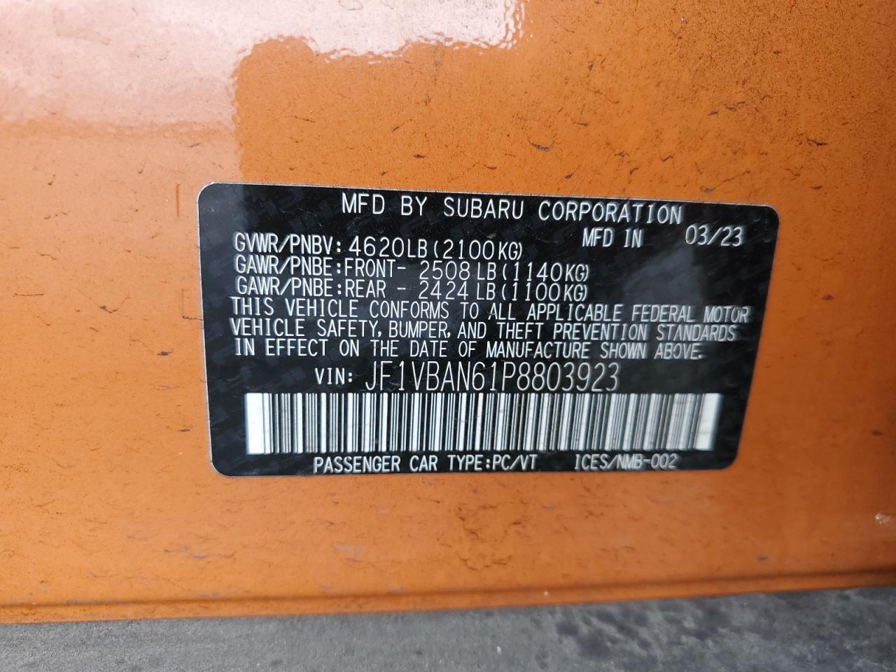 2023 Subaru Wrx Limited VIN: JF1VBAN61P8803923 Lot: 93332615