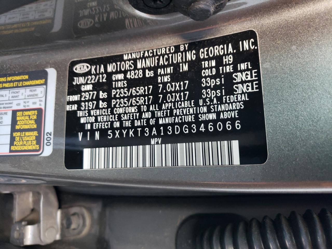 2013 Kia Sorento Lx VIN: 5XYKT3A13DG346066 Lot: 92450725