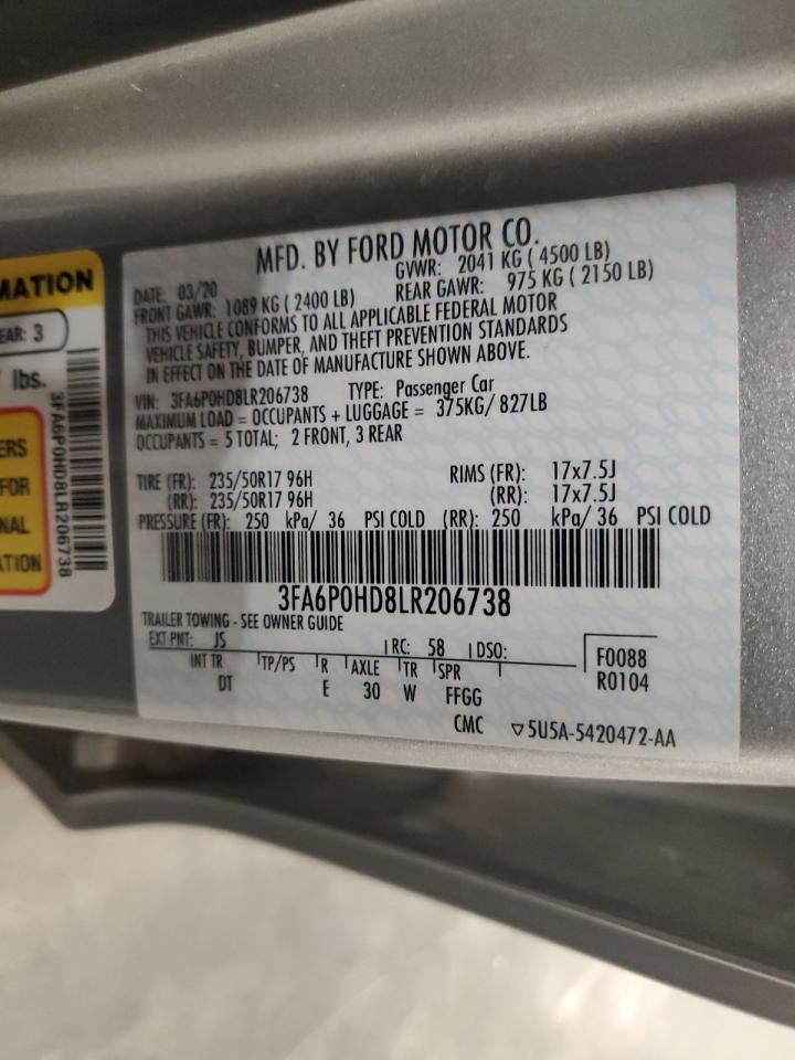 2020 Ford Fusion Se VIN: 3FA6P0HD8LR206738 Lot: 91674265