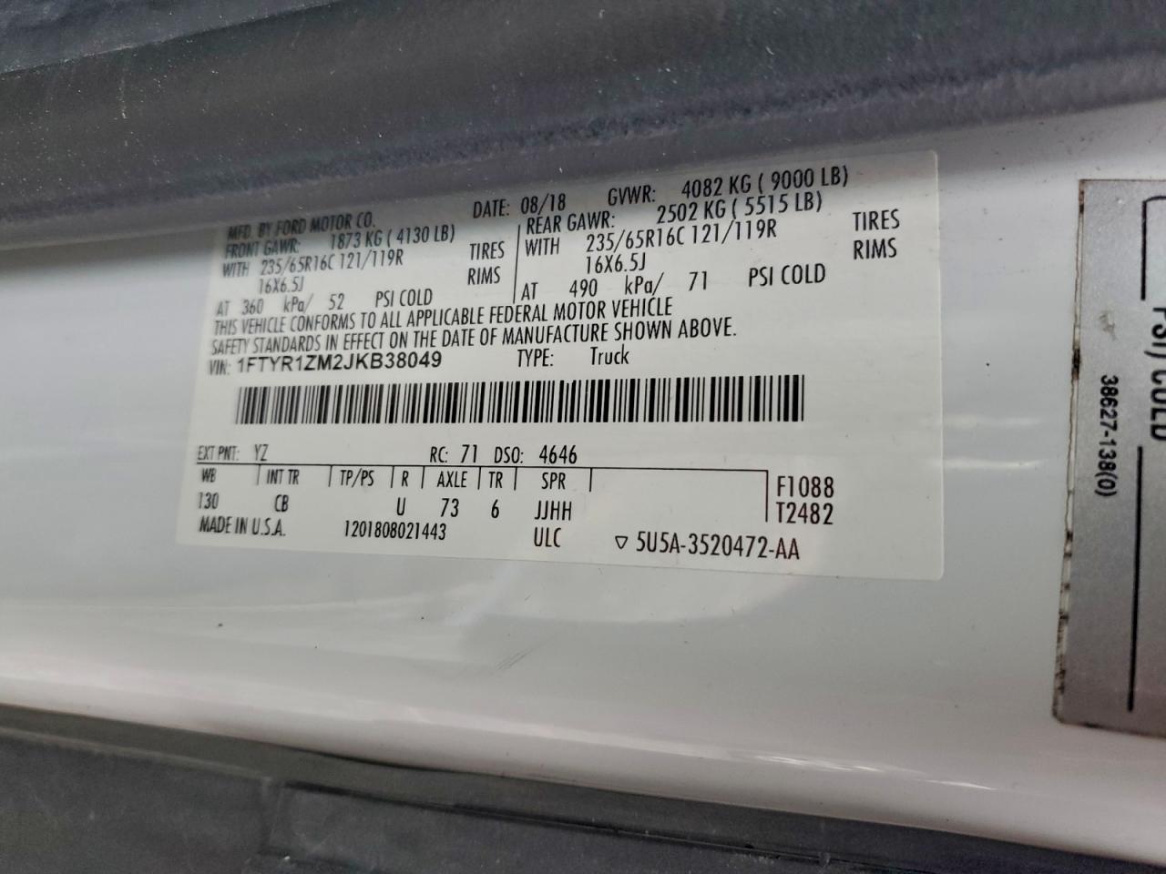 2018 Ford Transit T-250 VIN: 1FTYR1ZM2JKB38049 Lot: 93492995