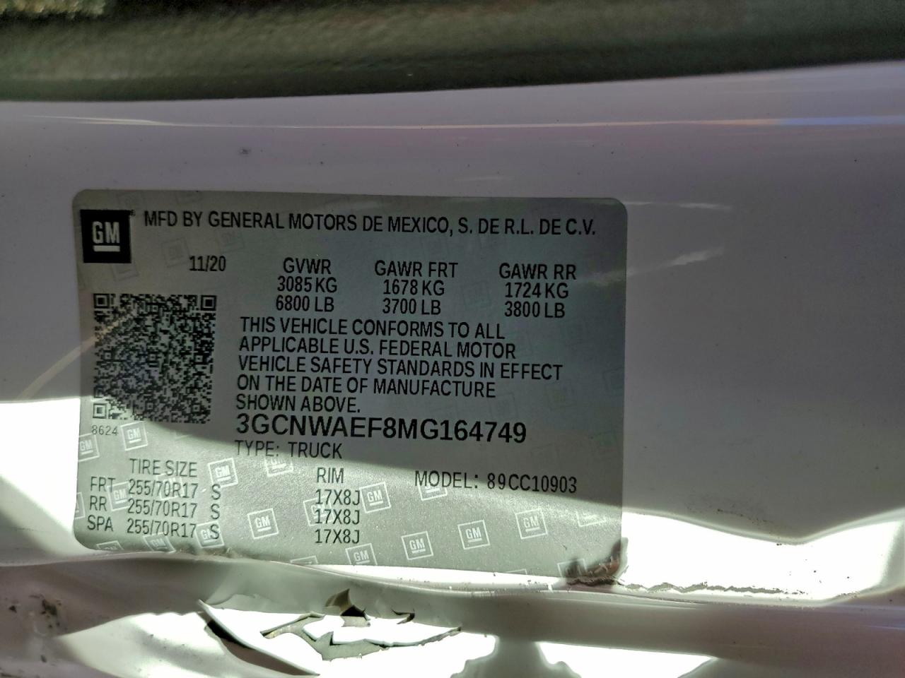 2021 Chevrolet Silverado C1500 VIN: 3GCNWAEF8MG164749 Lot: 94521455