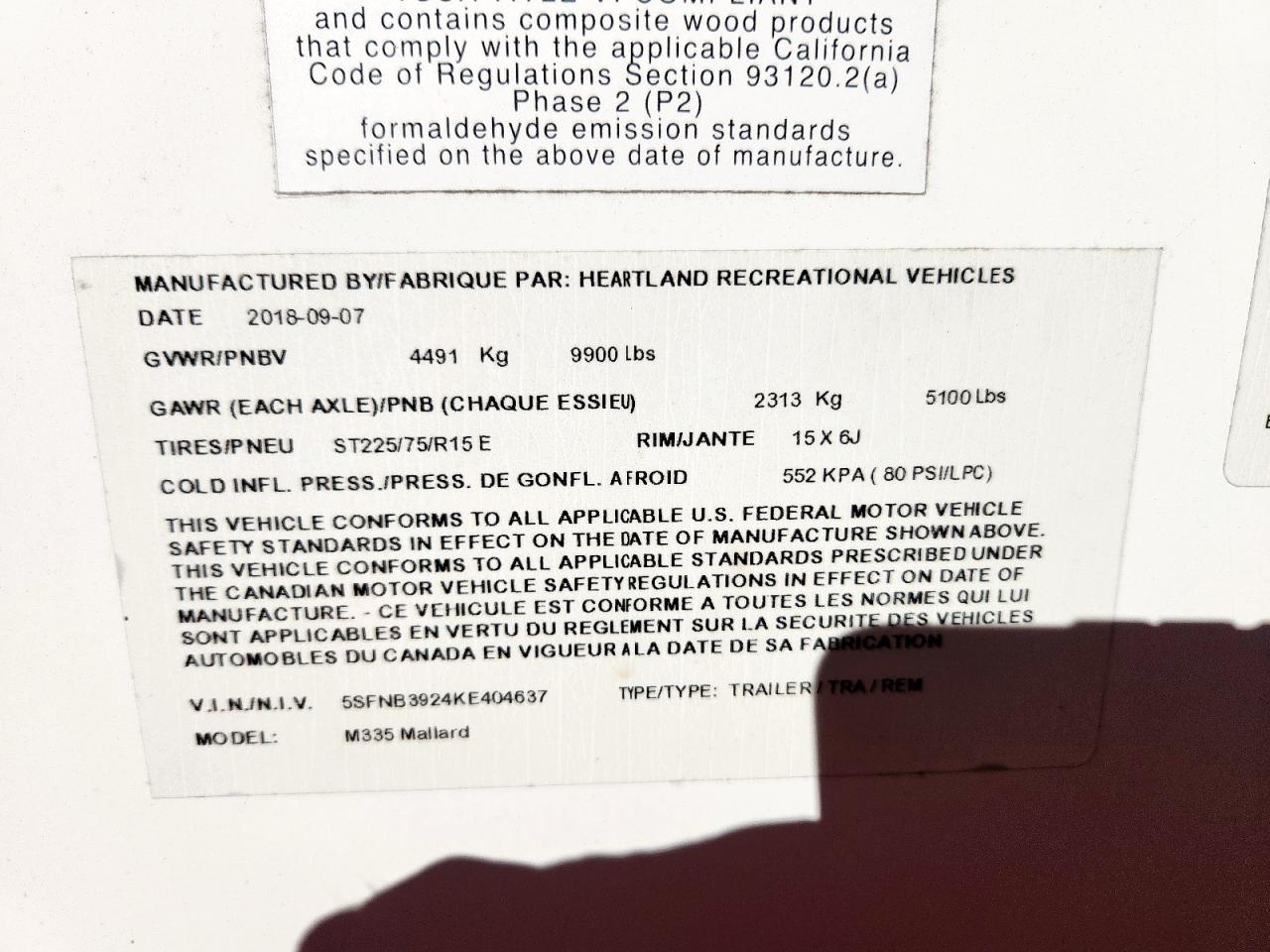 2019 Heartland Mallard VIN: 5SFNB3924KE404637 Lot: 90091615