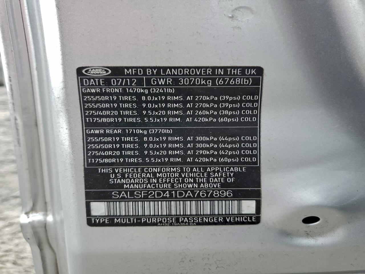 2013 Land Rover Range Rover Sport Hse VIN: SALSF2D41DA767896 Lot: 93364035