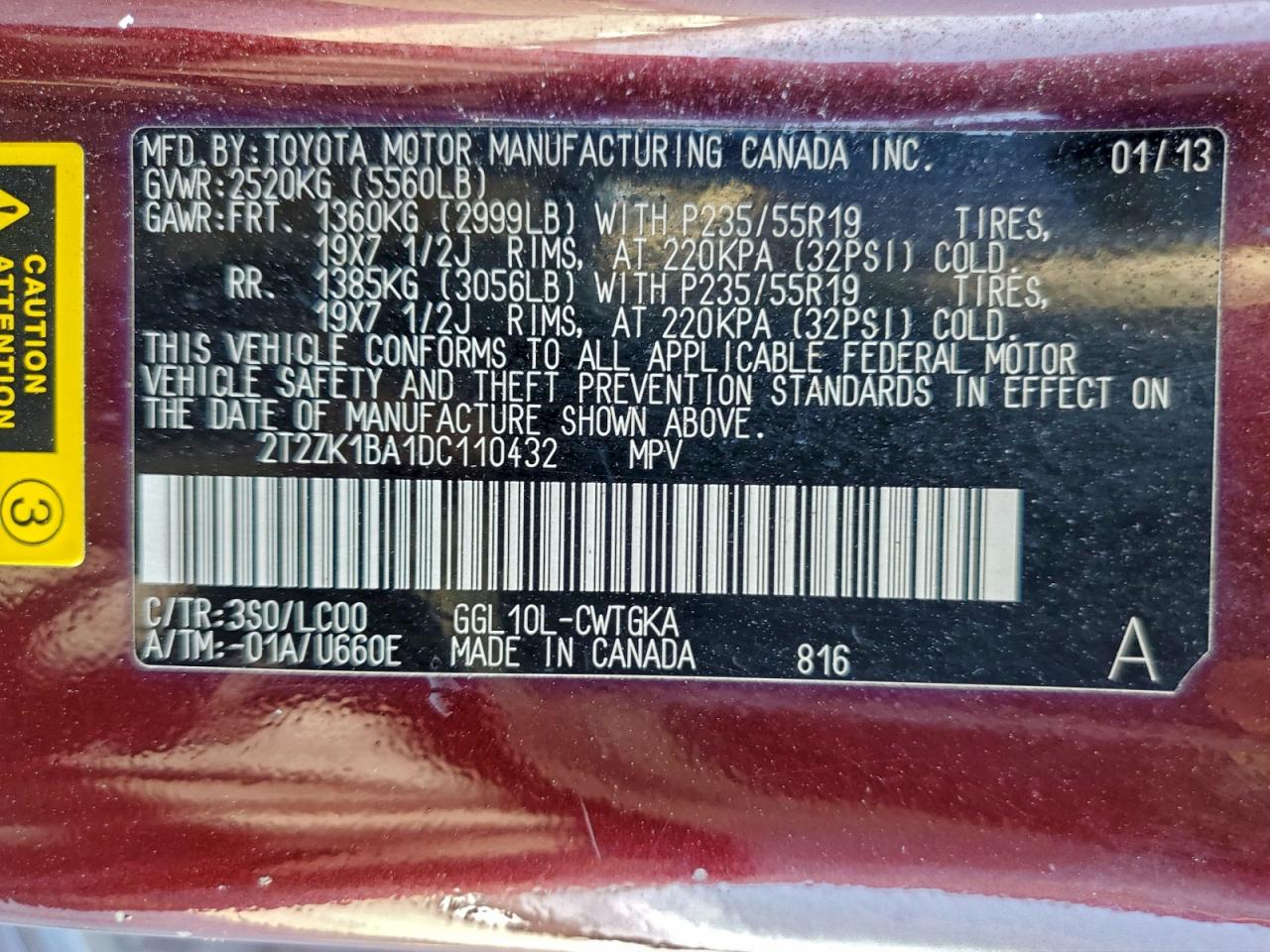 2013 Lexus Rx 350 VIN: 2T2ZK1BA1DC110432 Lot: 93891605