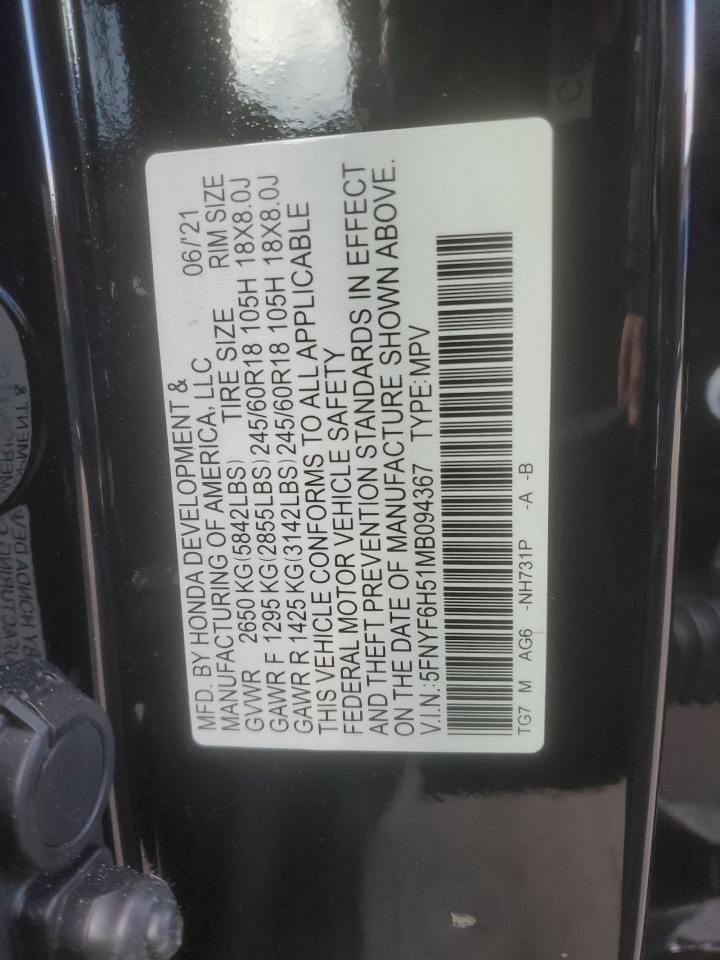 2021 Honda Pilot Exl VIN: 5FNYF6H51MB094367 Lot: 92650055