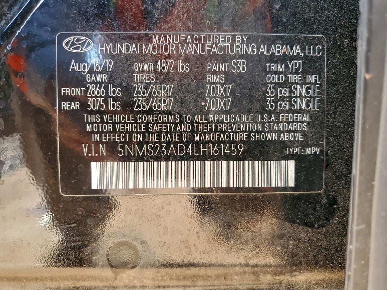 2020 Hyundai Santa Fe Se VIN: 5NMS23AD4LH161459 Lot: 94172255