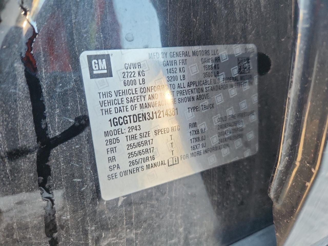 2018 Chevrolet Colorado Z71 VIN: 1GCGTDEN3J1214381 Lot: 92853655