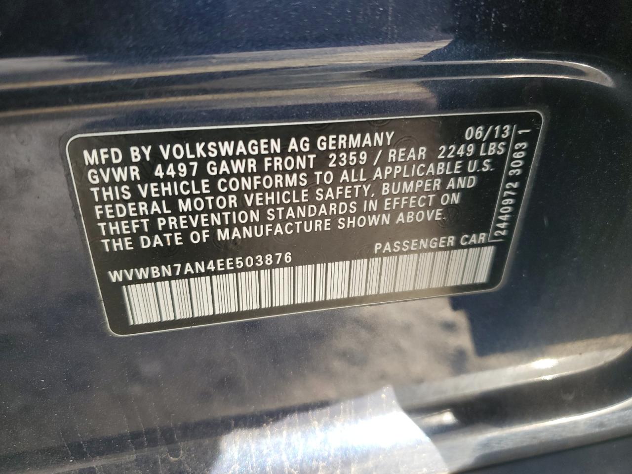 2014 Volkswagen Cc Sport VIN: WVWBN7AN4EE503876 Lot: 93682415