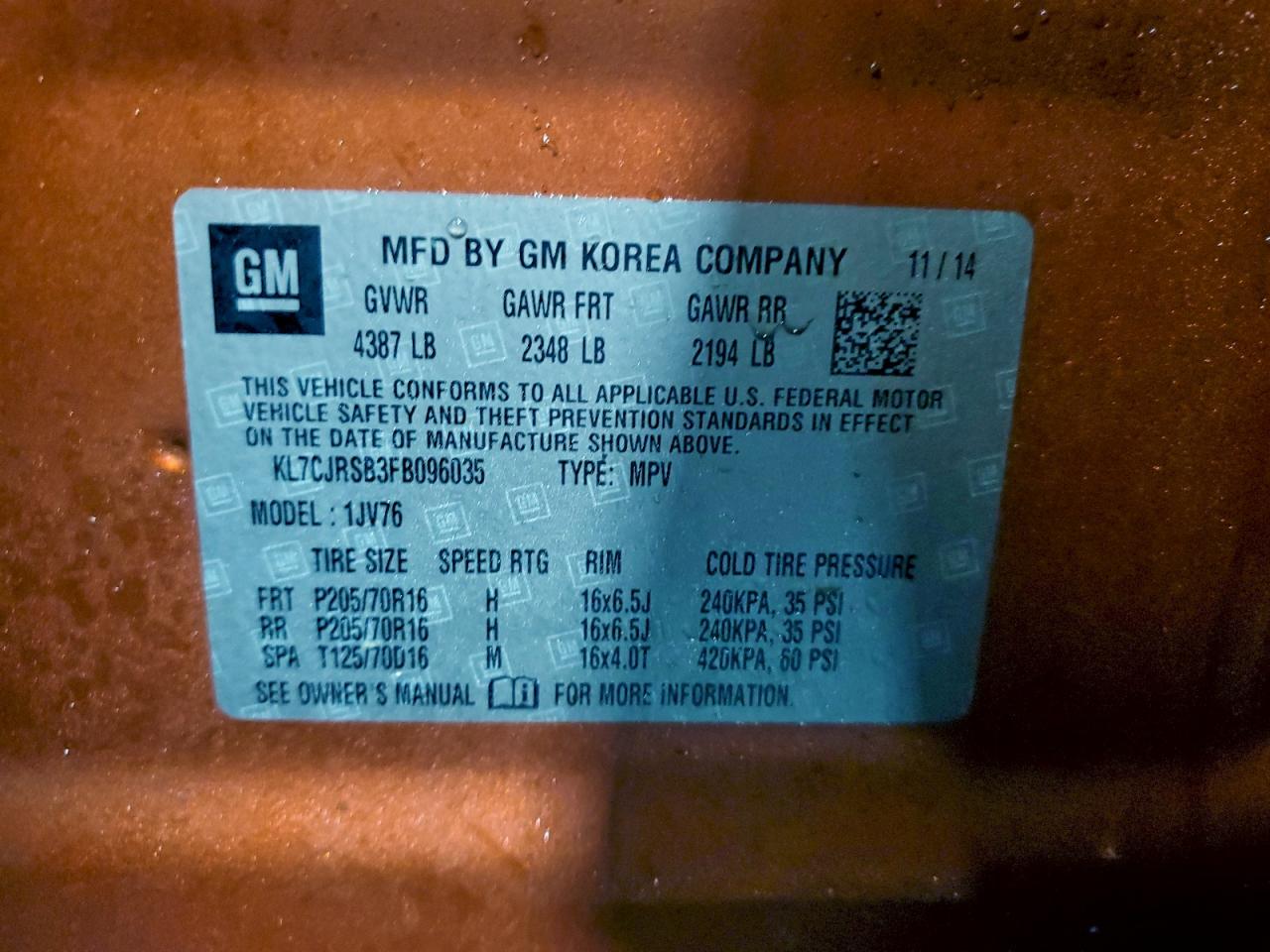 2015 Chevrolet Trax 1Lt VIN: KL7CJRSB3FB096035 Lot: 94595765