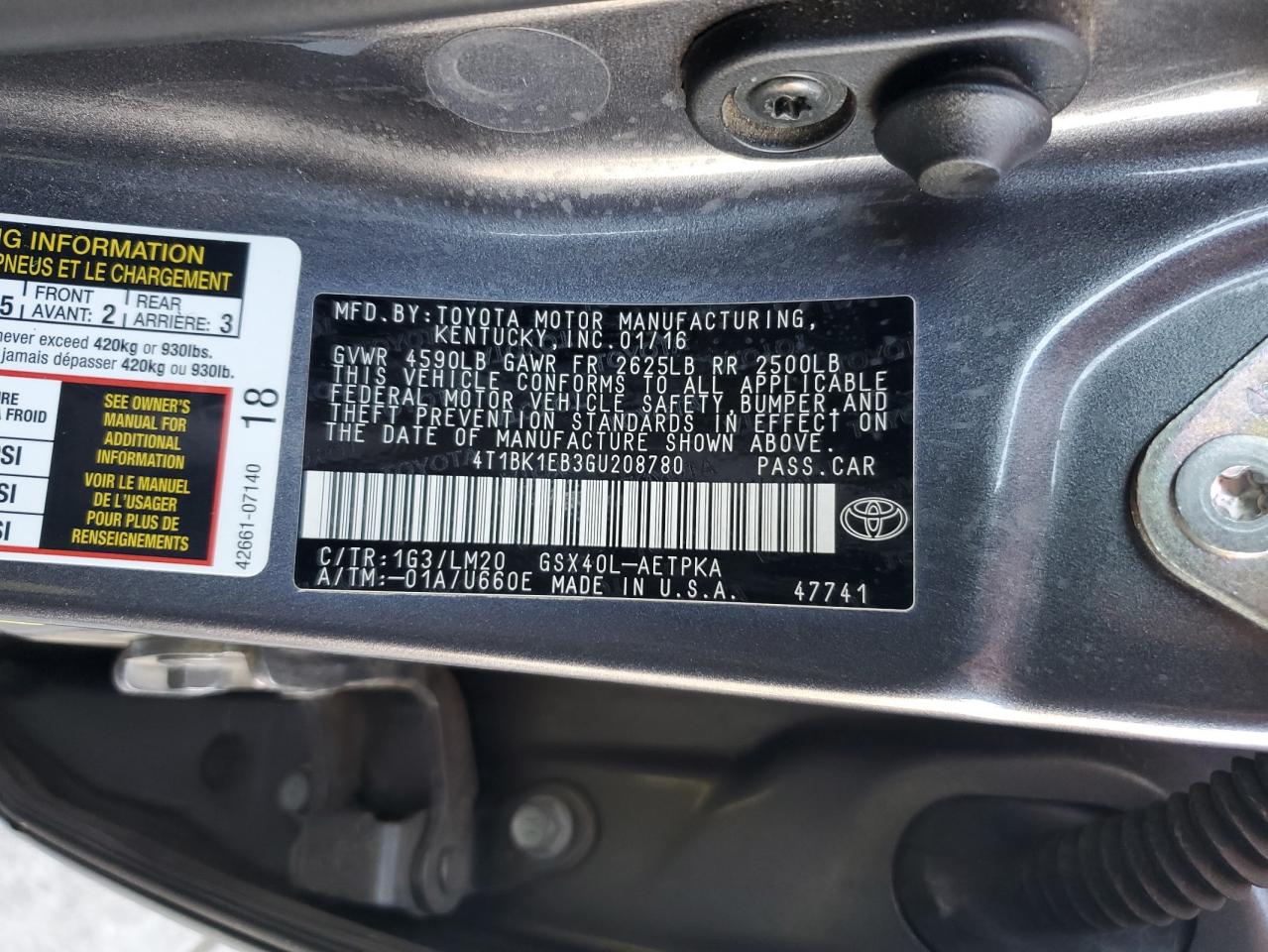 2016 Toyota Avalon Limited VIN: 4T1BK1EB3GU208780 Lot: 91930425