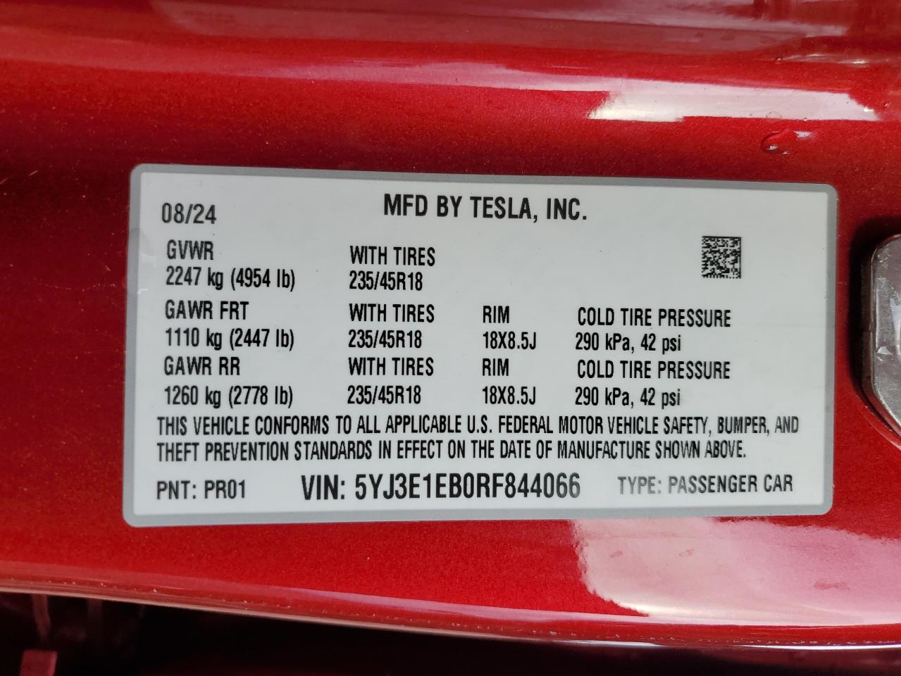 2024 Tesla Model 3 VIN: 5YJ3E1EB0RF844066 Lot: 93469055