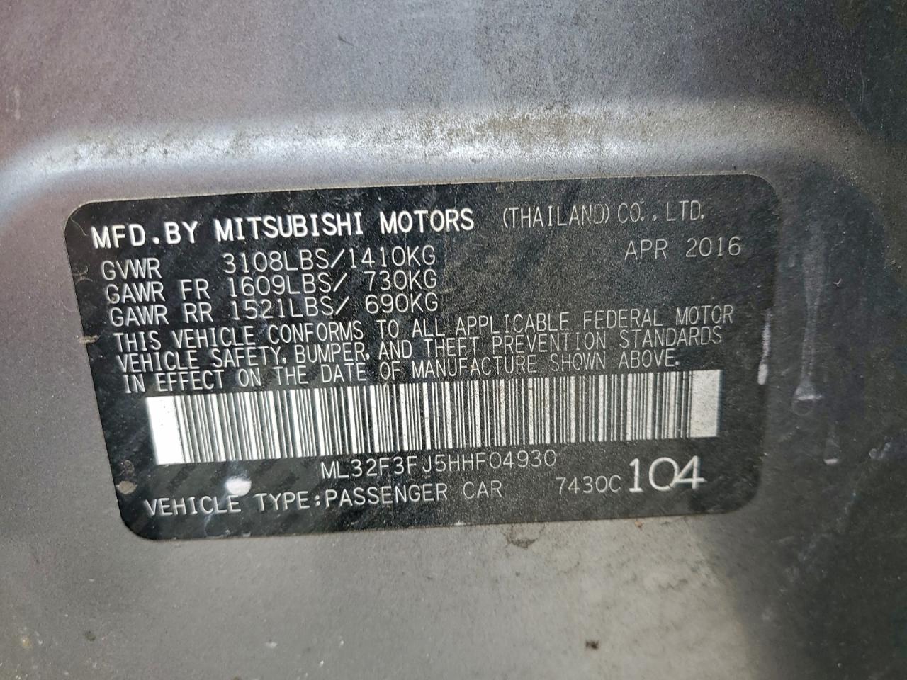 2017 Mitsubishi Mirage G4 Es VIN: ML32F3FJ5HHF04930 Lot: 93399015