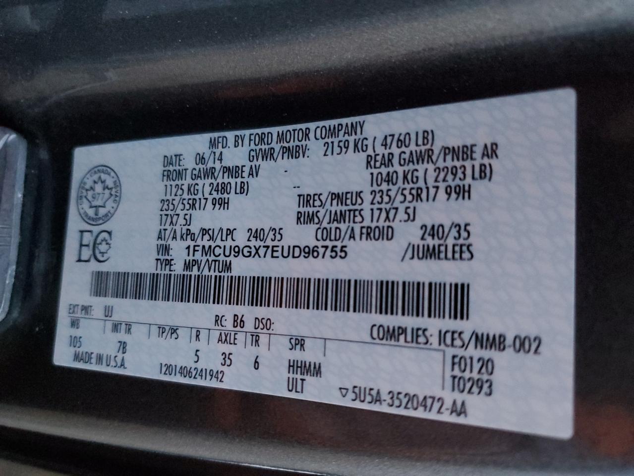 2014 Ford Escape Se VIN: 1FMCU9GX7EUD96755 Lot: 92218955