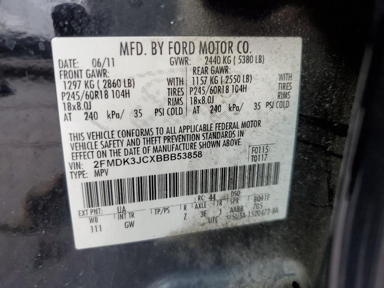 2011 Ford Edge Sel VIN: 2FMDK3JCXBBB53858 Lot: 92439685