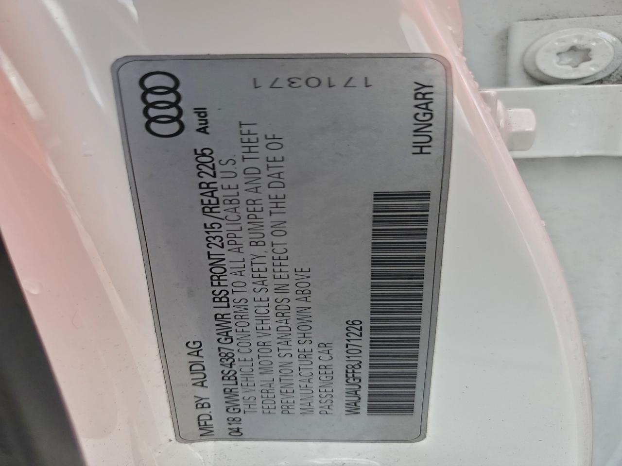 2018 Audi A3 Premium VIN: WAUAUGFF8J1071226 Lot: 93834045